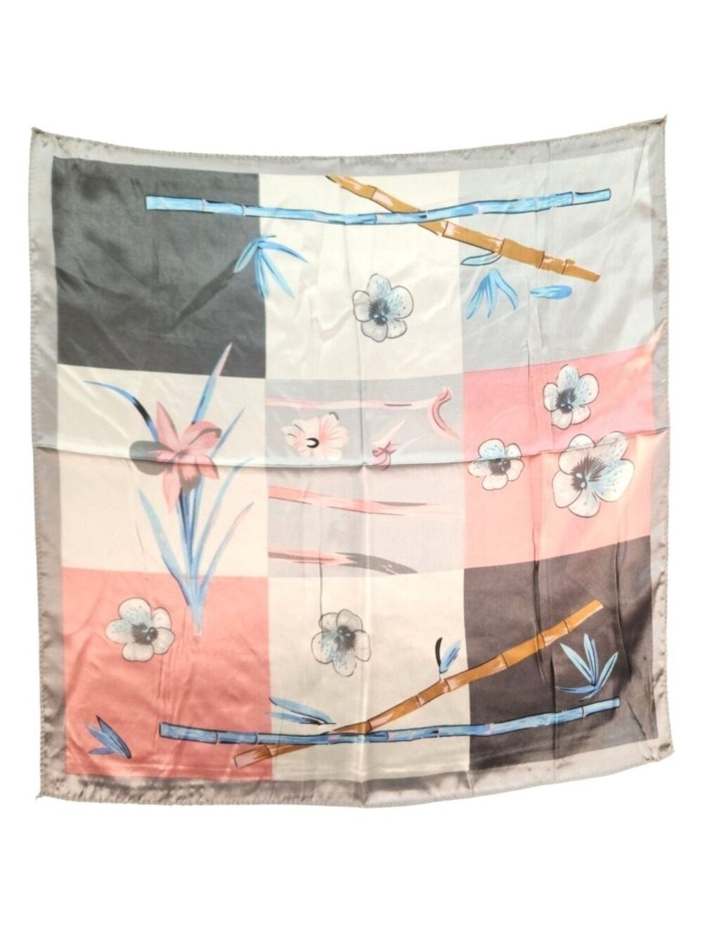 Floral Bamboo Patchwork Satin Square Scarf 20x20 Hair Neck Head Wrap